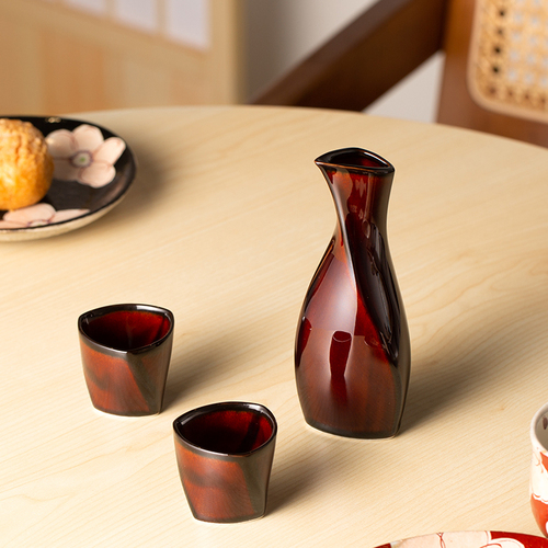 日本原产舍米蓝大漆折目酒具三件套套装（一壶两杯） 漆棕折目酒具三件套