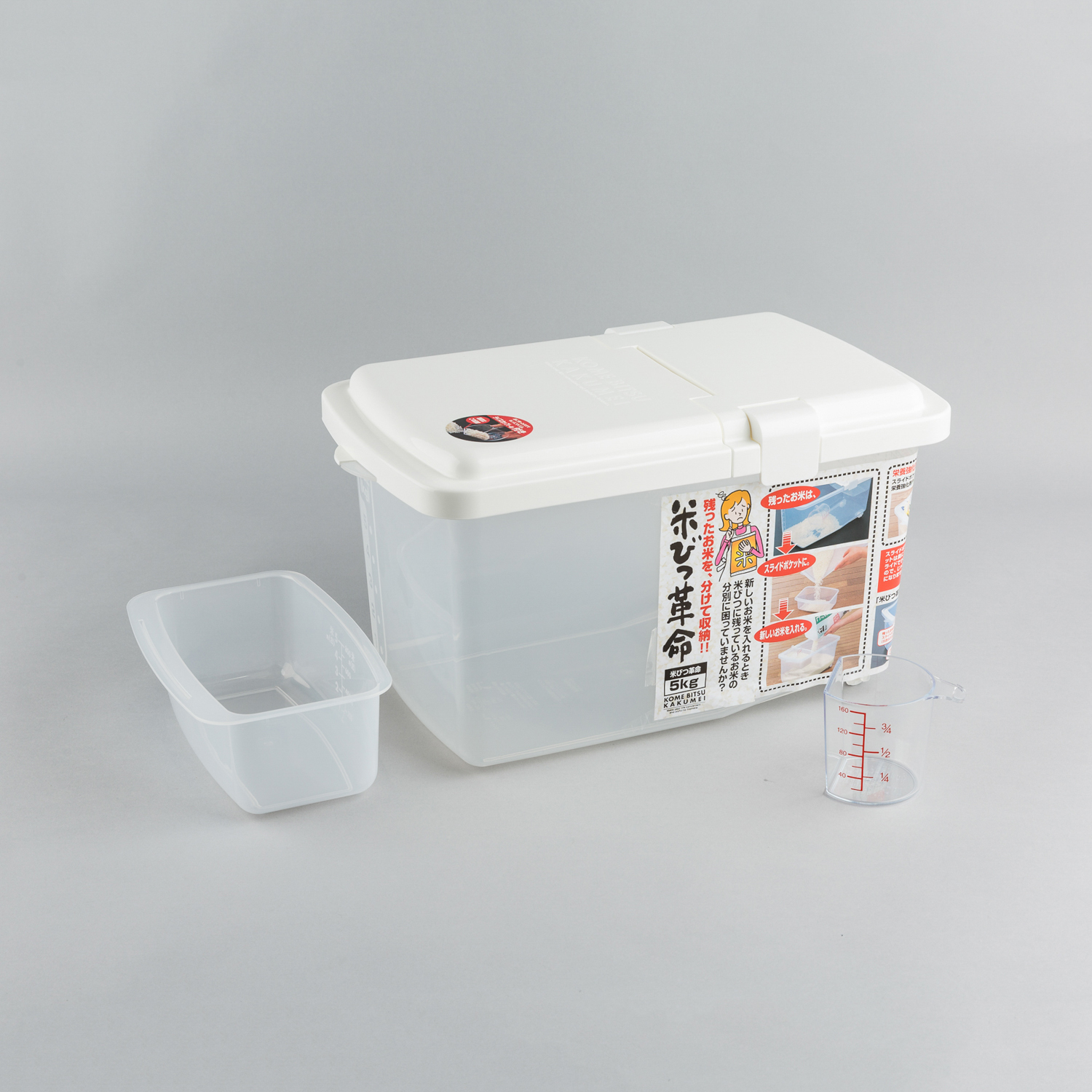 日本原产inomata5kg装储米箱米缸米桶带量杯滑轮残米盒 白色