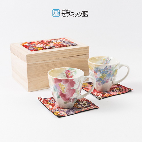 日本原产ceramic 蓝陶瓷情侣杯水杯2件套花美开 彩色