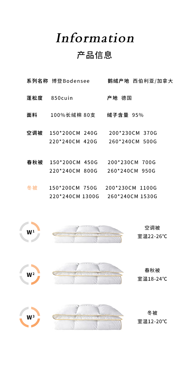 德国原产OBB Royal Bed850蓬西伯利亚95%鹅绒被博登冬被 白色 260*240cm(适用于2.0m的床)