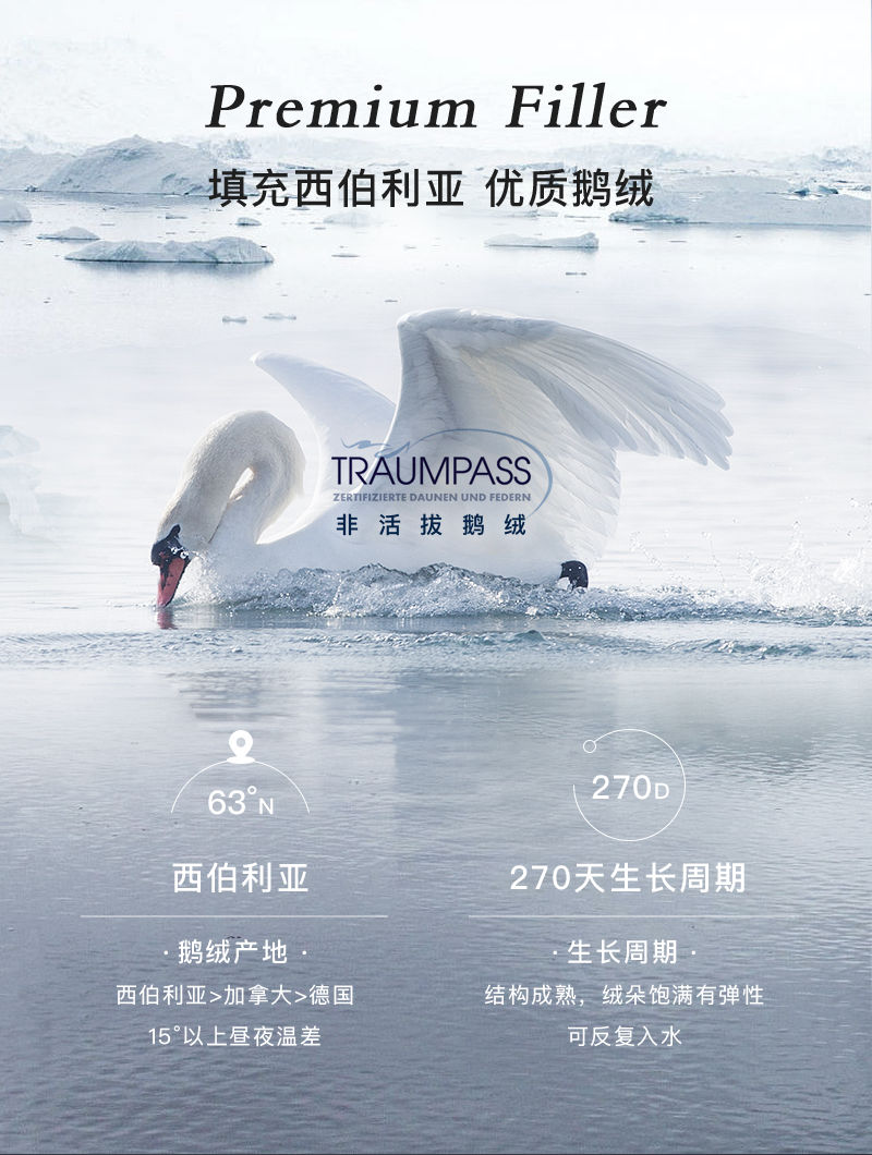 德国原产OBB Royal bed西伯利亚鹅绒三层枕 可抽取式多瑙枕 白色 可抽取式多瑙枕