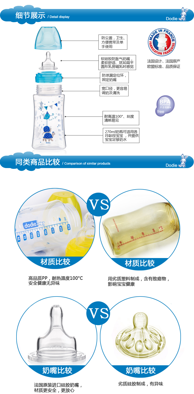 法国原产dodiesensation防胀气宽口奶瓶270ml含中号奶嘴蓝绿