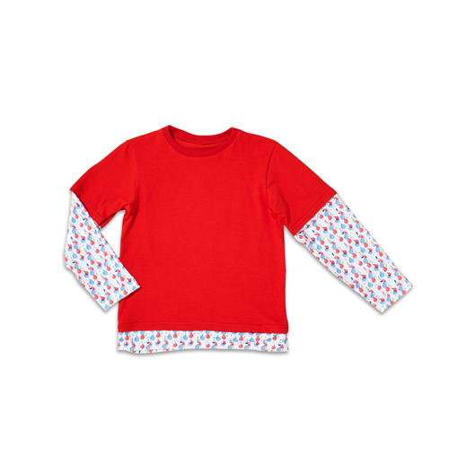 法国原产cocolico秋季拼接款长袖打底衫T恤宝宝长袖 红色  4岁