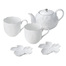 日本原产AITO桂由美浮雕美浓烧陶瓷茶壶茶杯葡萄刻花5件 白色