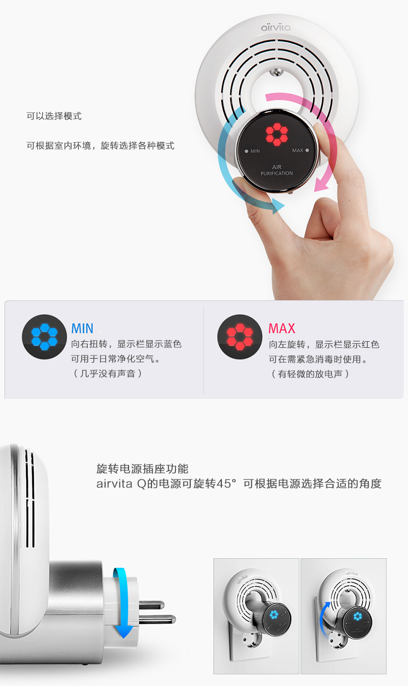 韩国原产airvita Q负离子空气净化器家用净化器除味器 白色