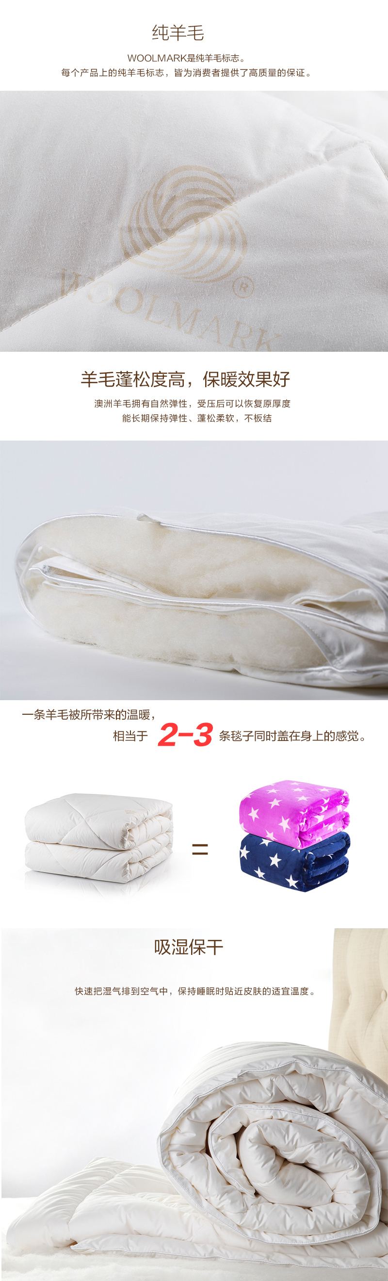 澳大利亚原产LOGAN & MASON纯羊毛冬被羊毛被子500gsm 白色 Single Bed单人：140cm x 210cm