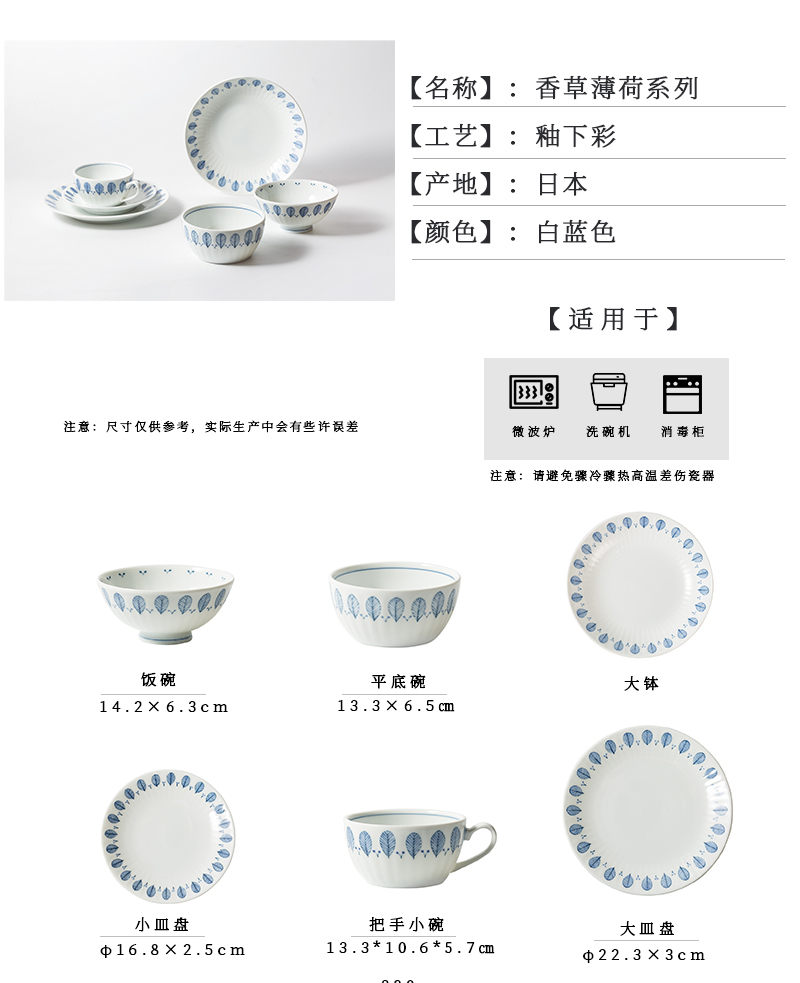 日本原产舍米蓝香草薄荷系列餐具餐盘餐碗 把手小碗