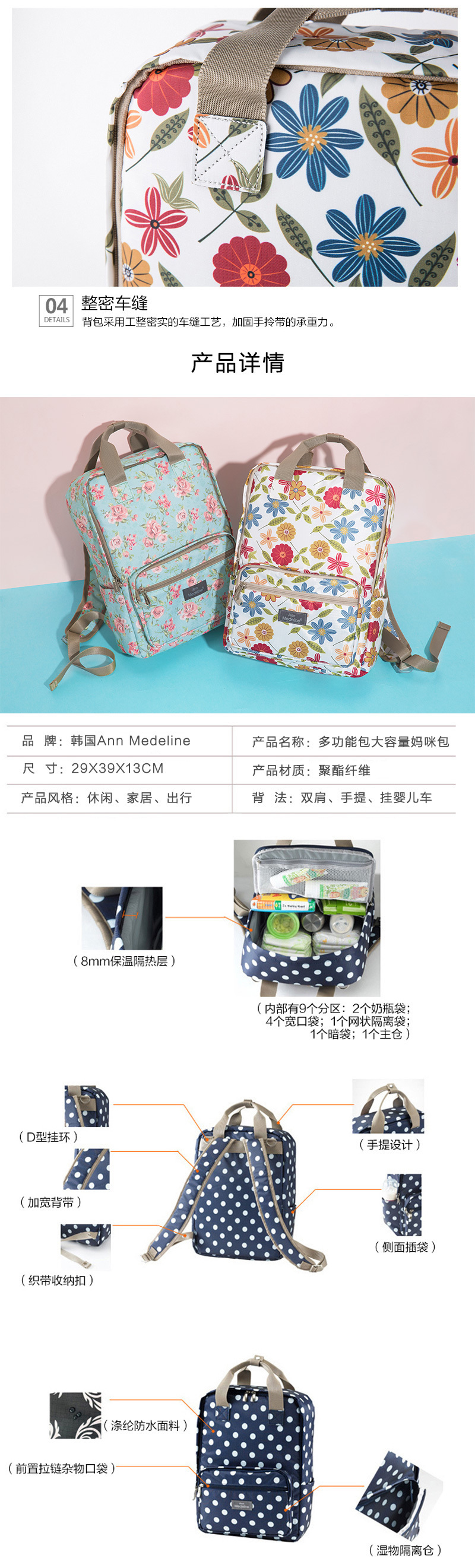 韩国原产Ann Medeline方型多功能包大容量母婴包通勤外出包 花色