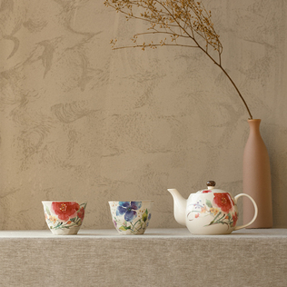 日本原产ceramic 蓝美浓烧茶壶茶杯一壶两杯套装花水彩