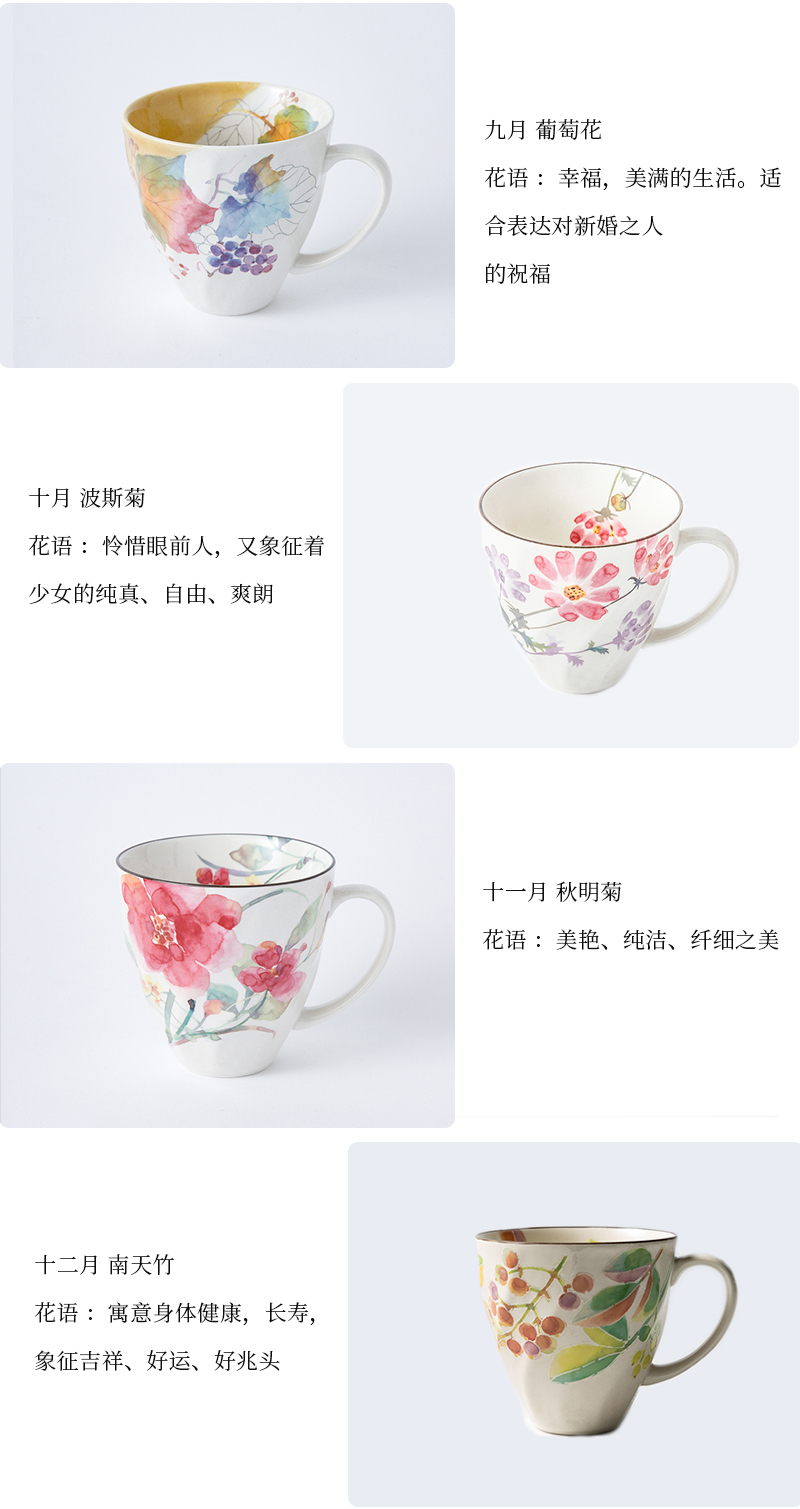 日本CERAMIC AI 十二月花系列美浓烧陶瓷杯马克杯水杯 单杯 一月 山茶花