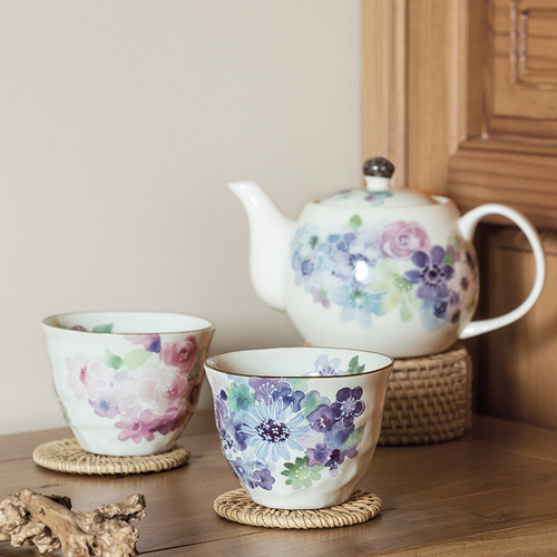日本原产ceramic 蓝美浓烧茶壶茶杯一壶两杯套装花工房 混色