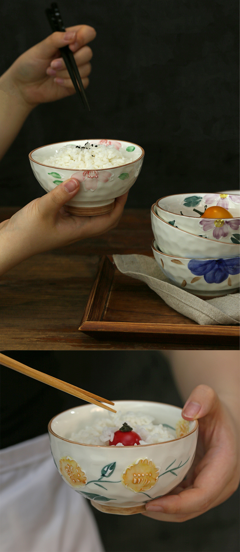 舍米蓝日式手绘花卉陶瓷碗具丼饭碗套装 宽口碗