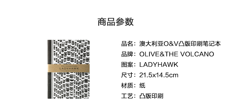 澳大利亚原产O&V凸版印刷笔记本记事本日记本A5(鹰图案) 黑白
