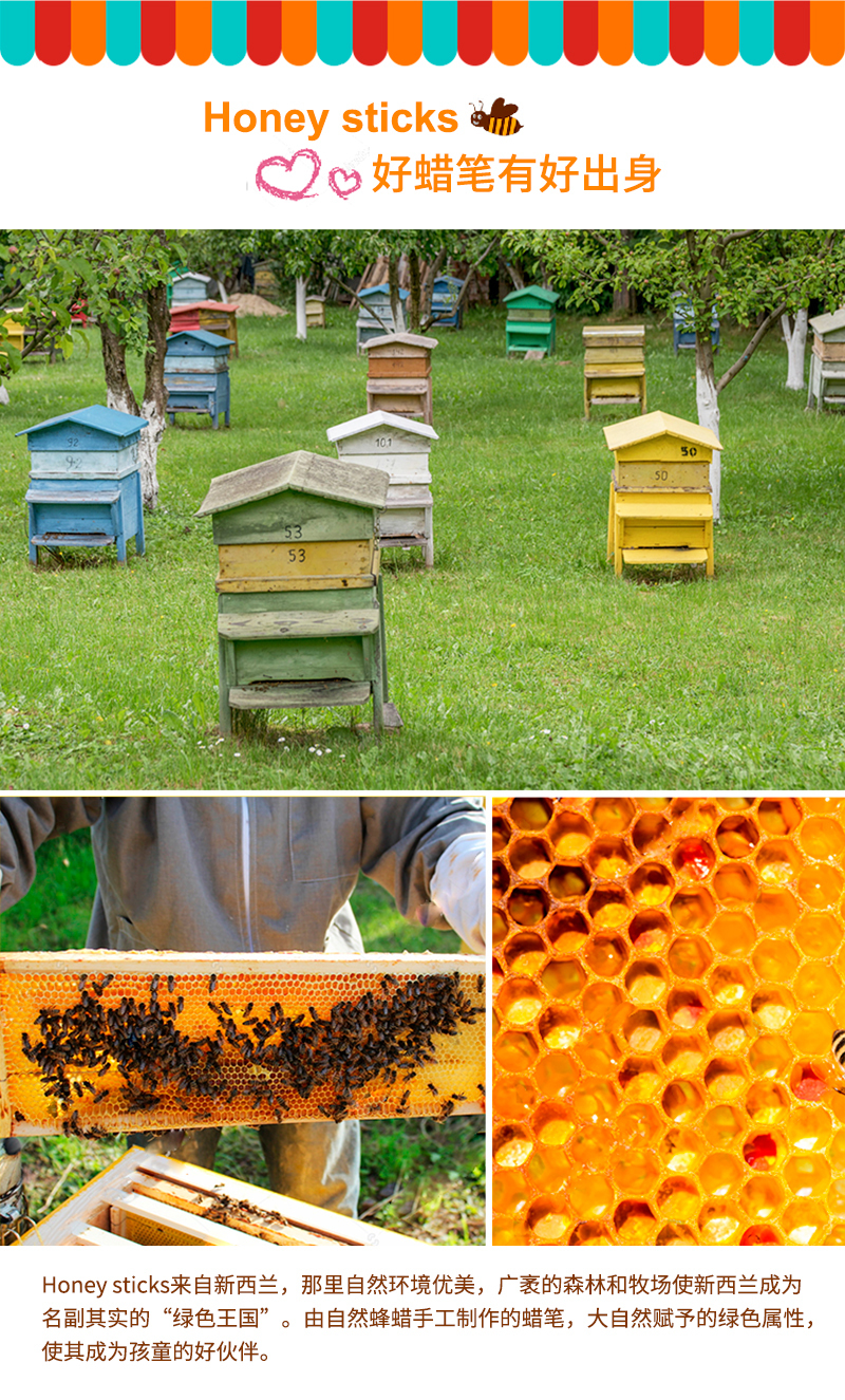 新西兰原产Honeysticks自然蜂蜡无毒儿童画画蜡笔细款 混色
