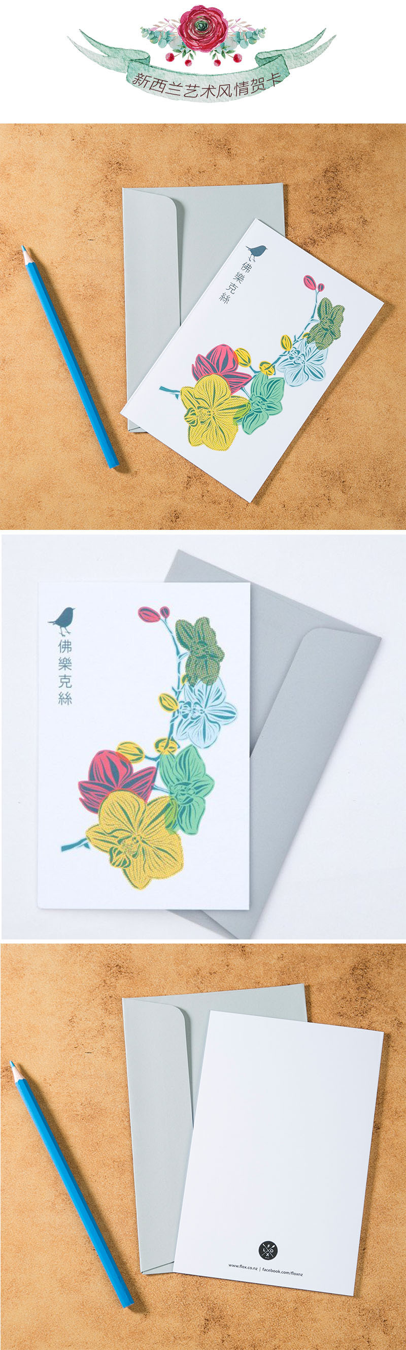 新西兰原产Tikitibu 佛乐克丝 兰花 贺卡明信片创意生日贺卡 彩色