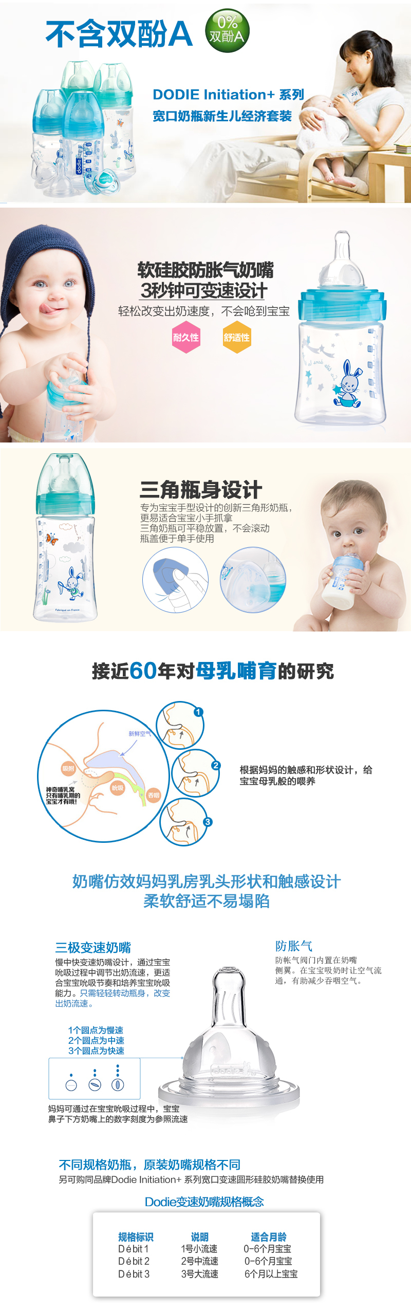 法国原产dodie Initiation宽口奶瓶奶嘴新生儿套装0-6月