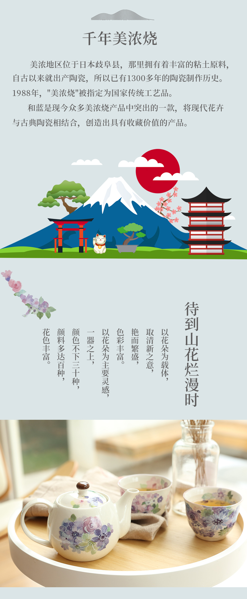 日本原产ceramic 蓝美浓烧茶壶茶杯一壶两杯套装花工房 混色