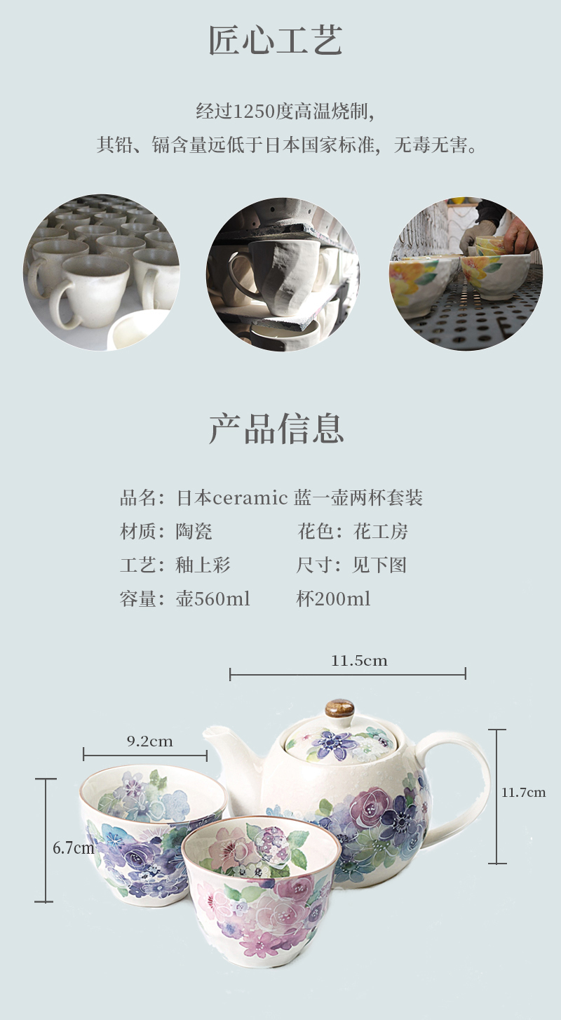 日本原产ceramic 蓝美浓烧茶壶茶杯一壶两杯套装花工房 混色