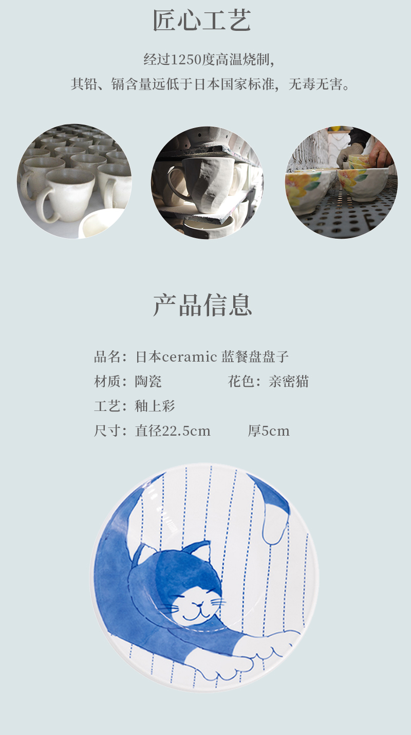 日本原产ceramic 蓝餐盘盘子瓷盘亲密猫系列 蓝猫