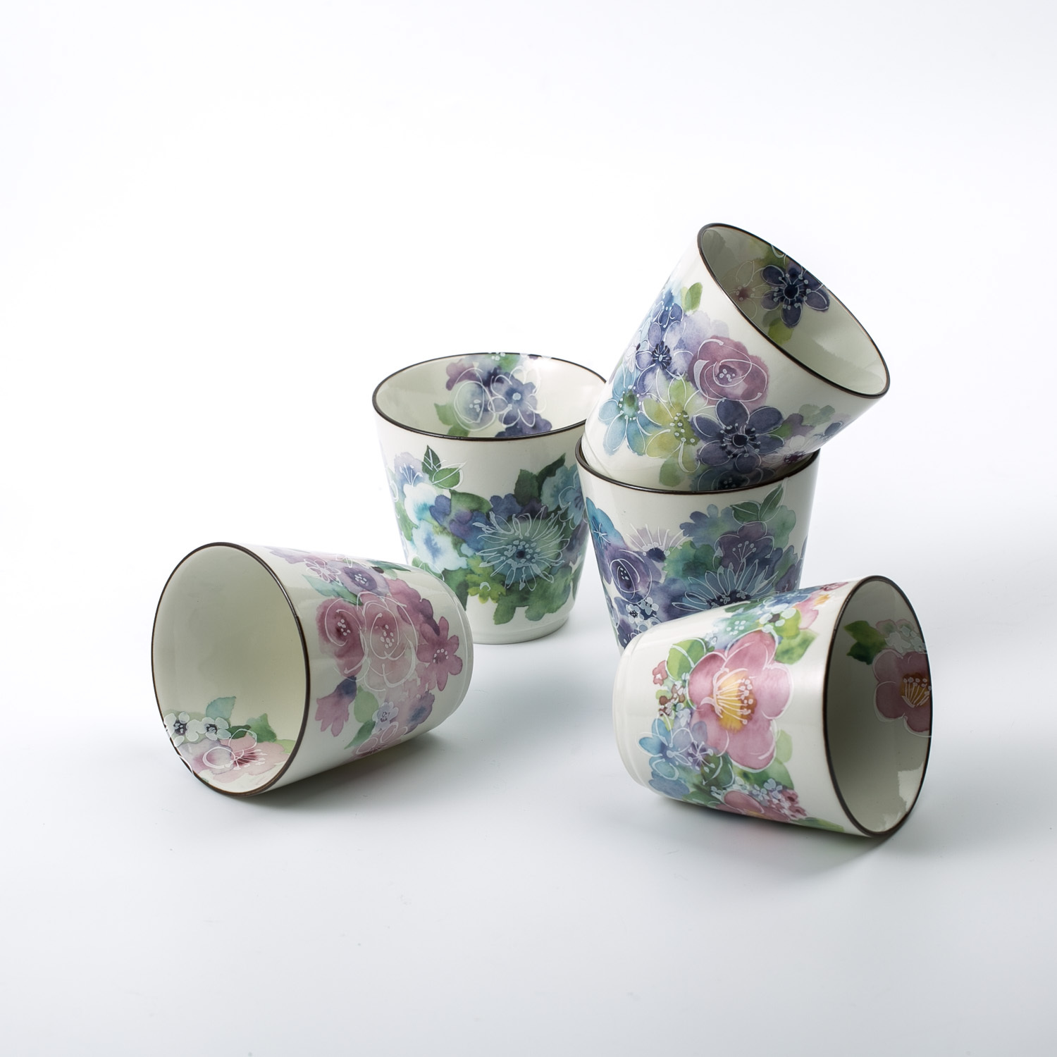 日本原产ceramic 蓝手工陶瓷茶杯水杯花工房5个装 彩色