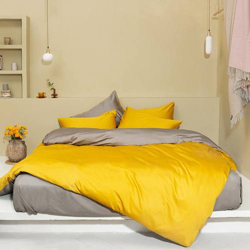 CRIA 60支纯棉贡缎双面拼色床上套件（黄色+灰色） 黄灰 【四件套】被套：2*2.3m，适用1.5/1.8米宽床