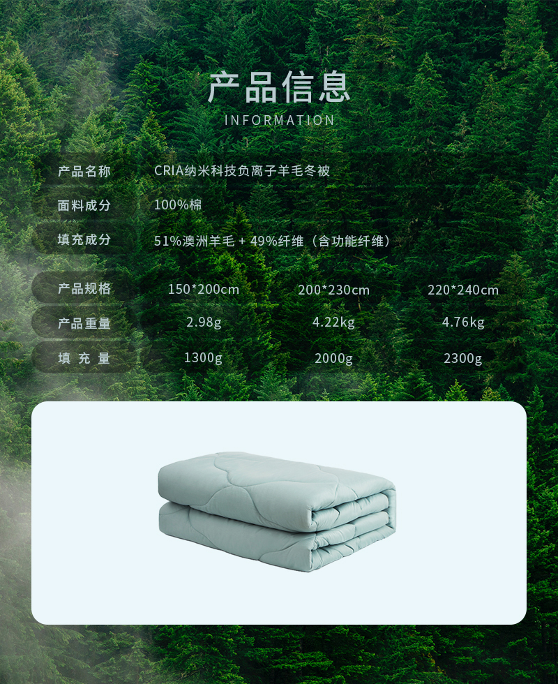 CRIA  负氧离子澳毛冬被430gsm 蓝绿 1.5*2M