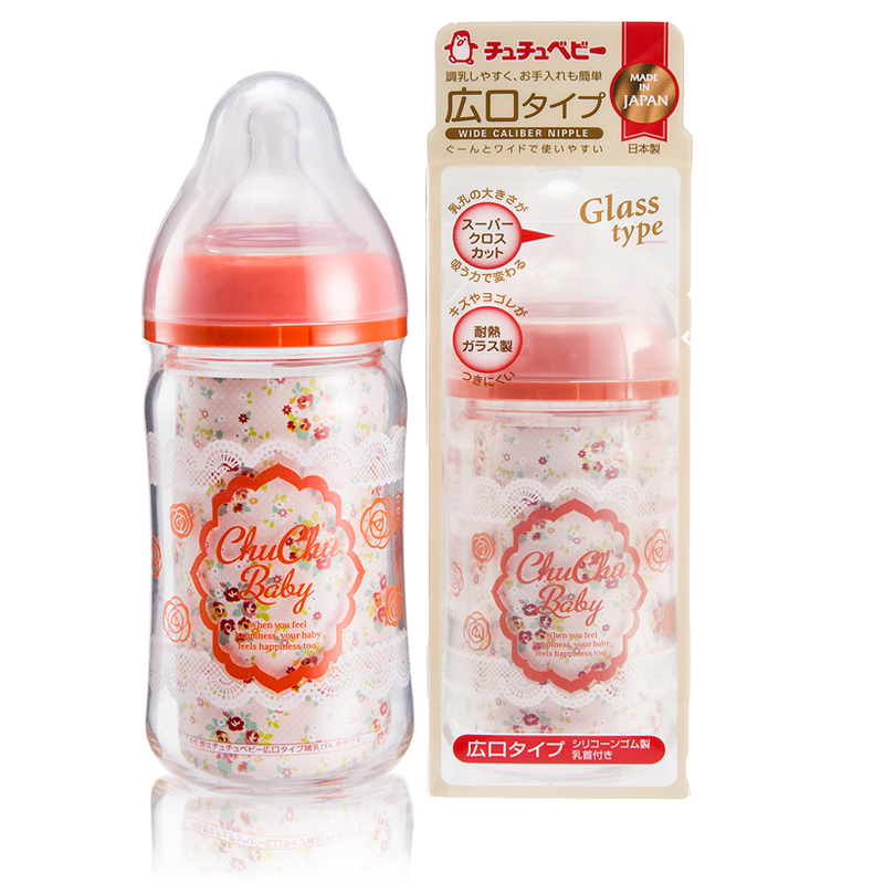 日本原产啾啾baby可爱妈妈玻璃宽口奶瓶（蕾丝）160ML 160 ML