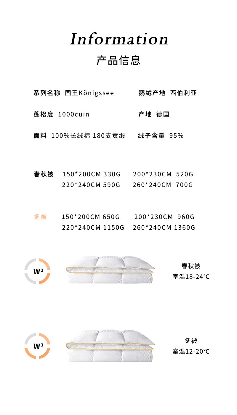 德国原产OBB Royal Bed 1000蓬西伯利亚95%鹅绒被 国王冬被 白色 200*230cm（适用于1.5m的床）