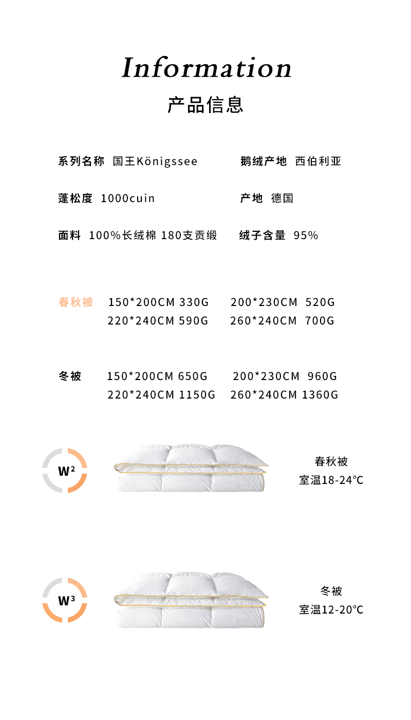 德国原产OBB Royal Bed 1000蓬西伯利亚95%鹅绒被 国王春秋被 白色 150*200cm（适用于1.2m的床）