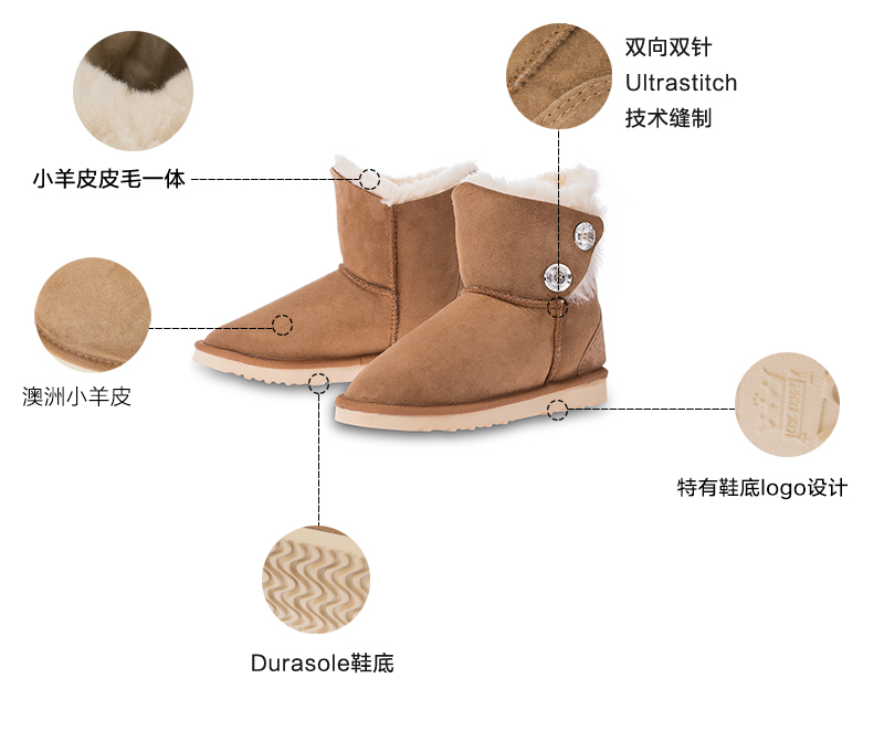 澳大利亚原产CHIC EMPIRE 施华洛世奇水晶纽扣雪地靴 深咖啡 37
