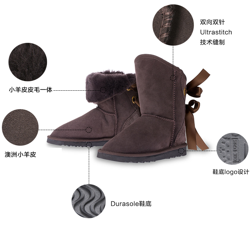 澳大利亚原产CHIC EMPIRE蝴蝶结雪地靴羊皮靴中筒靴 深咖啡色 39