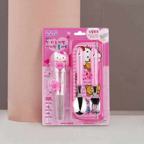 韩国原产RAON宝宝练习筷叉子勺子餐具套装 粉红