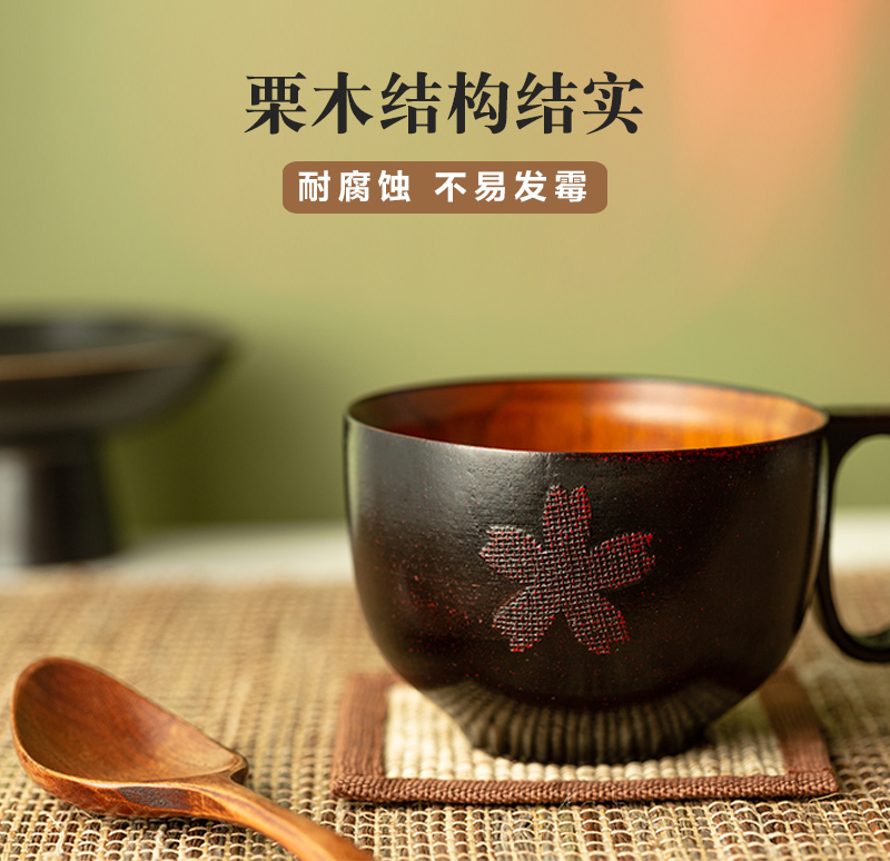 日本原产wakacho若兆传统漆器栗木樱花碗 黑色