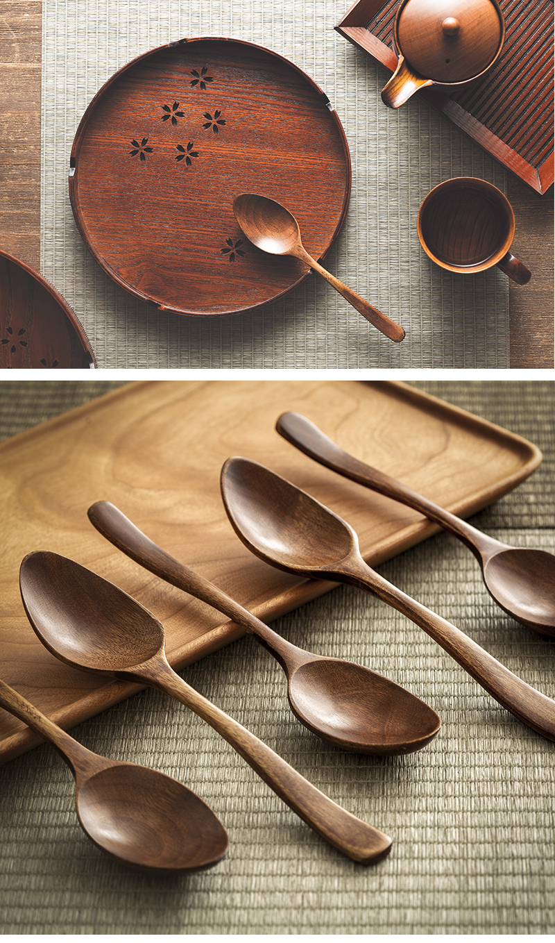 日本原产wakacho若兆传统漆器荷木餐勺调羹5支装 褐色