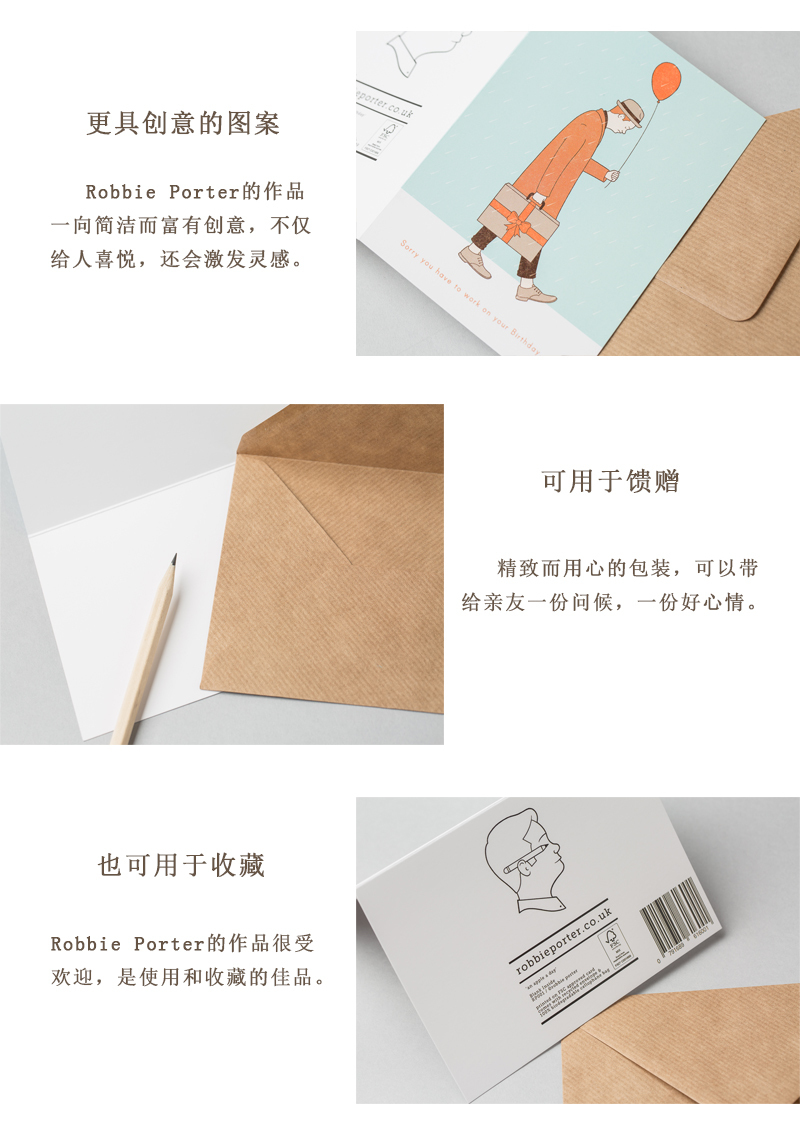 英国原产ROBBIE PORTER创意明信片礼物贺卡生日快乐 蓝色