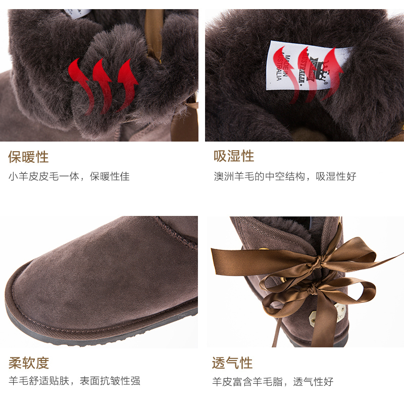 澳大利亚原产CHIC EMPIRE蝴蝶结雪地靴羊皮靴中筒靴 深咖啡色 39
