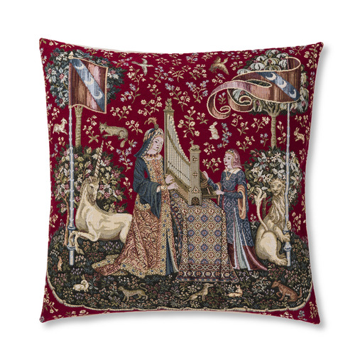 比利时原产GK-ART织锦靠枕抱枕套“女人与独角兽-听觉”图案 红色