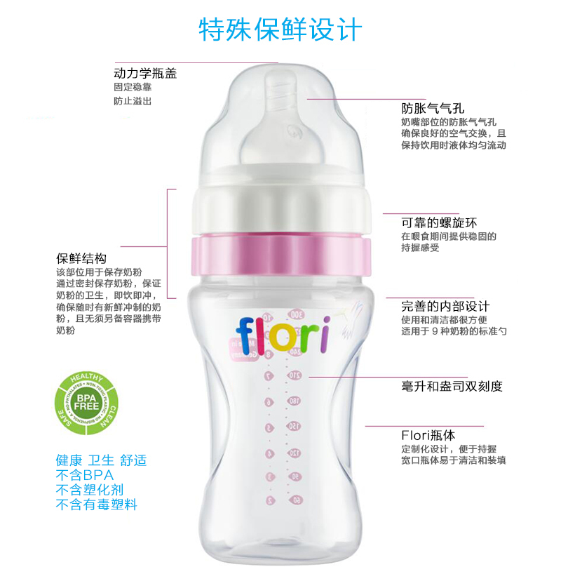 德国原产flori防胀气奶瓶保鲜奶瓶宽口奶瓶 粉红