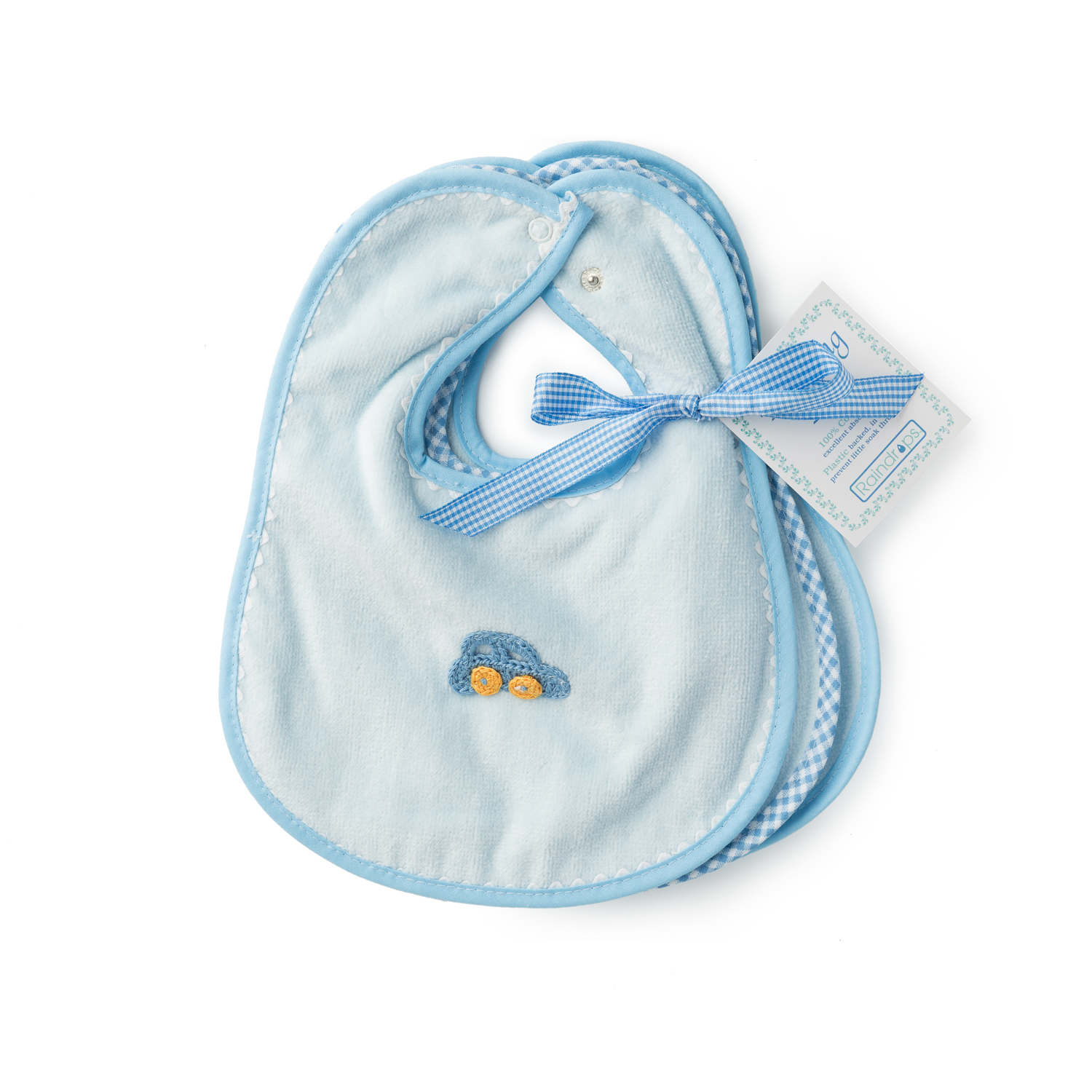 美国原产Raindrops棉质口水巾围兜婴幼儿围嘴3件套装 蓝色(含一枚汽车图案及两枚纯色围嘴)