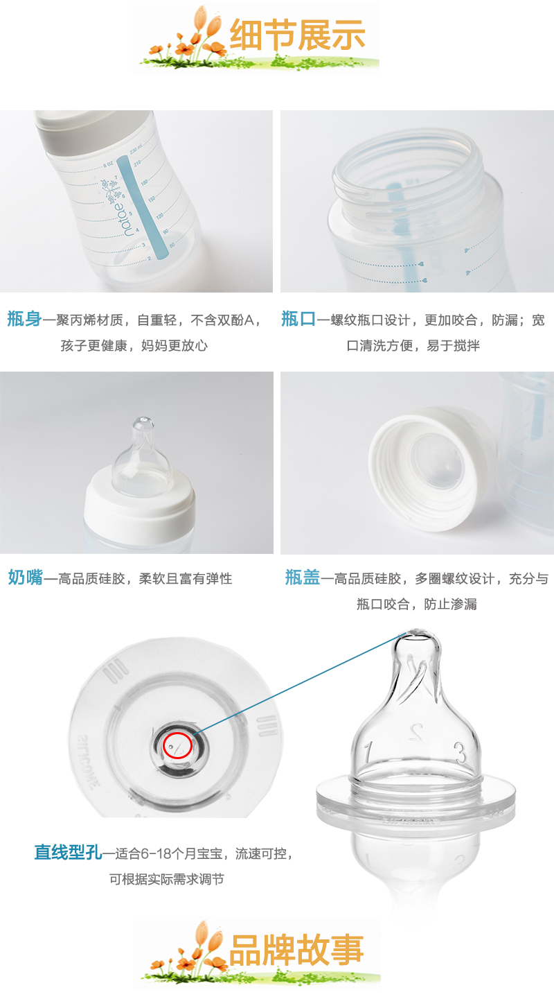 法国原产natae宽口婴儿奶瓶硅胶奶嘴6-18月230ml 白色