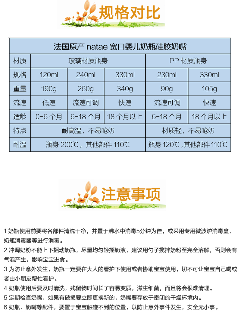 法国原产natae宽口婴儿奶瓶硅胶奶嘴18月以上330ml 白色