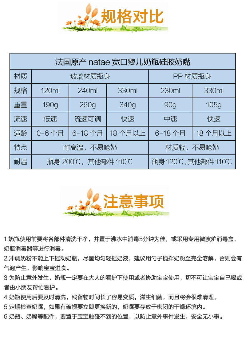 法国原产natae宽口婴儿奶瓶硅胶奶嘴6-18月230ml 白色