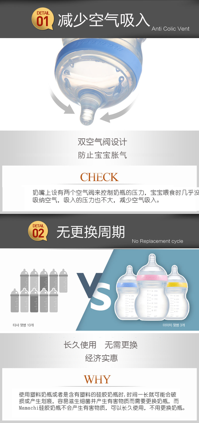 韩国原产Mamachi 宽口径硅胶奶瓶套装2个奶瓶+3孔Y孔奶嘴 天蓝