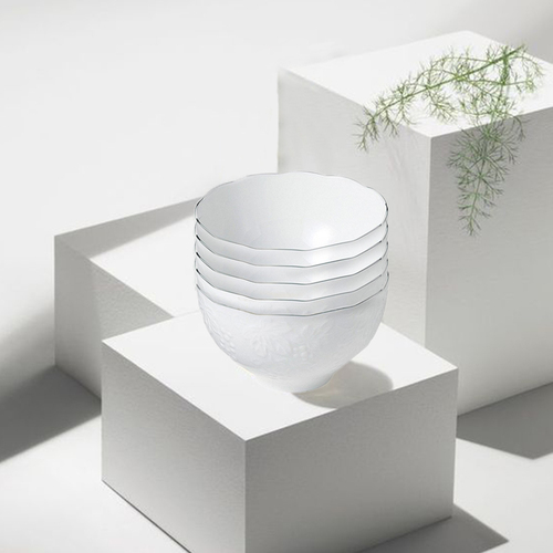 日本原产AITO桂由美浮雕美浓烧陶瓷银边碗葡萄刻花5件套 白色