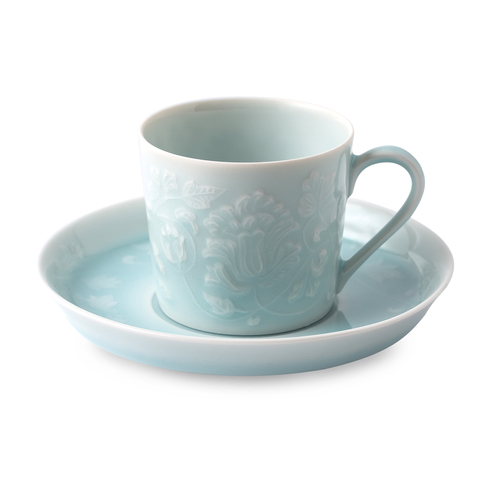 日本原产kaizan快山窯美浓烧咖啡杯茶水杯杯托套装 青白瓷蔓草纹 浅蓝