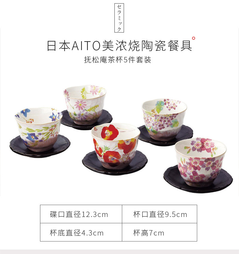 日本原产AITO抚松庵系列美浓烧陶瓷茶杯托茶具5件套 彩色