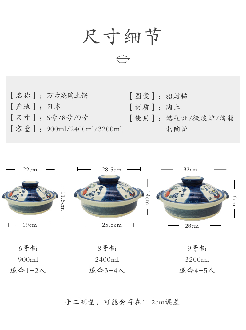 日本原产sajitoki佐治陶器 万古烧招财猫陶土锅砂锅炖锅汤锅 招财猫 9号