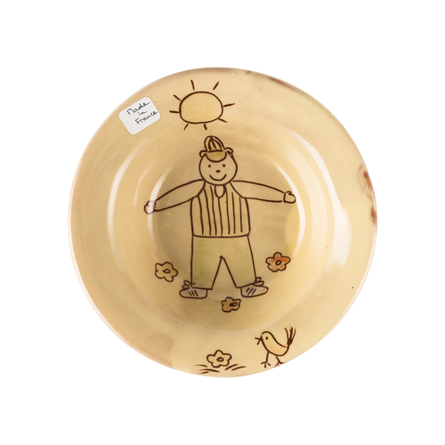 法国原产Barbotine儿童图案陶制儿童碗圆碗 乳黄色