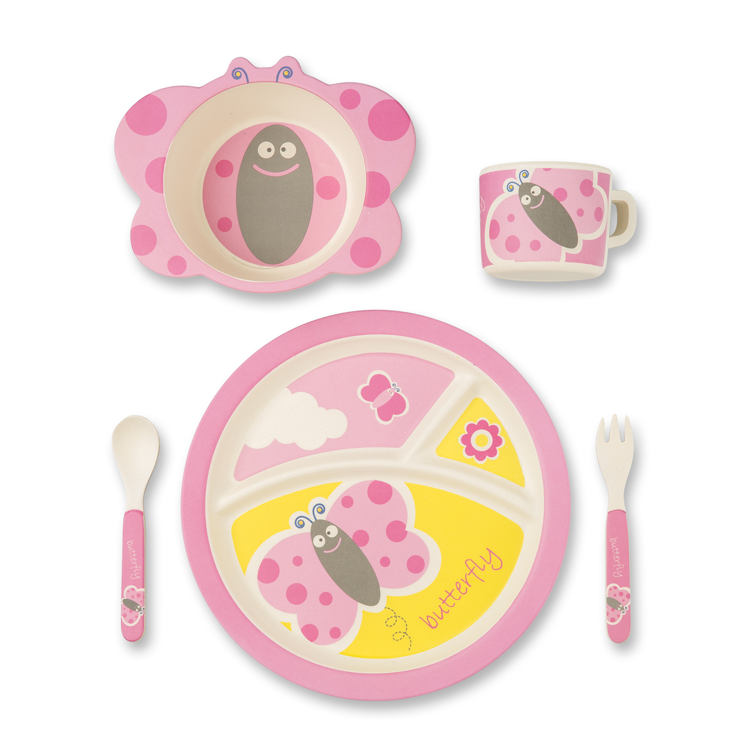 瑞典原产Virgel Technology儿童餐具卡通餐具五件套 蝴蝶粉色