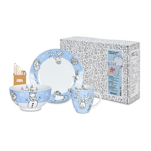 德国原产Könitz陶瓷餐具杯碟碗餐具套装 描绘圣诞三件套 浅蓝